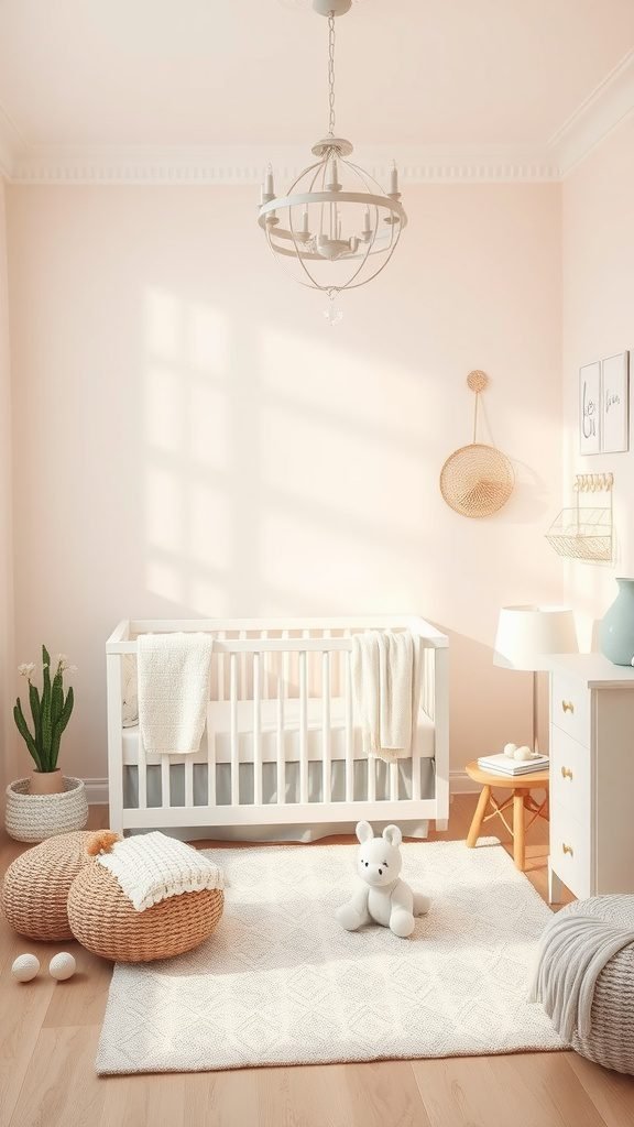A pastel-colored baby room with a white crib, plush toys, and soft decor elements.