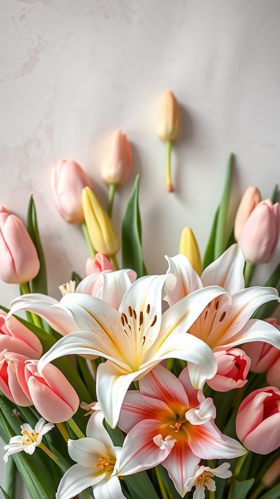 A bouquet of pastel tulips and lilies in soft colors