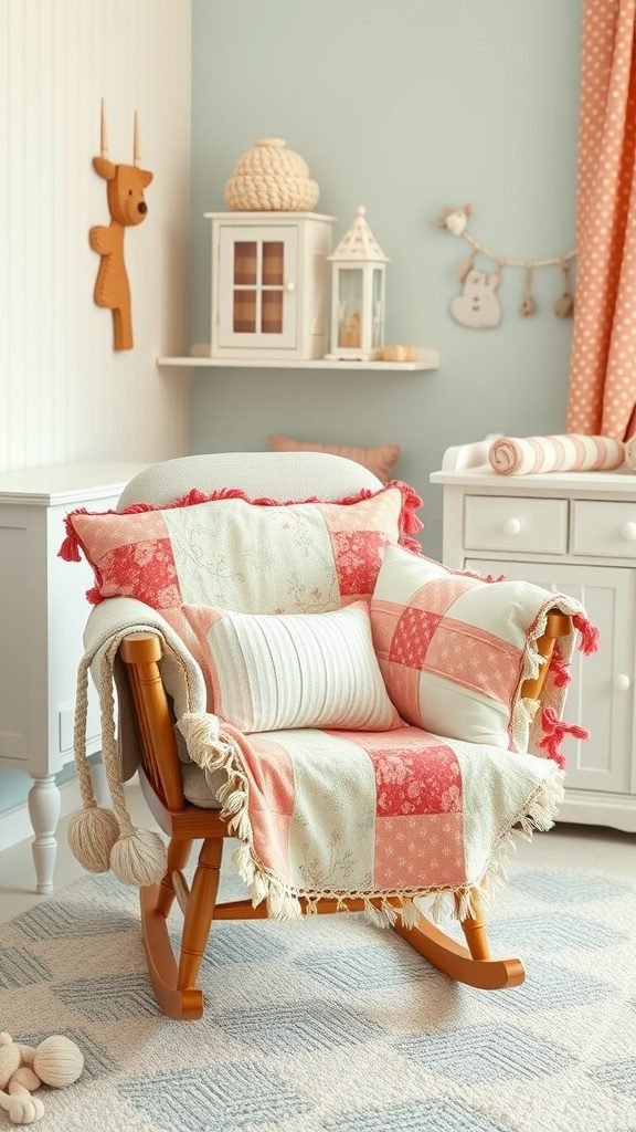 A cozy rocking chair with patchwork cushions in a baby room, featuring soft pastel tones.