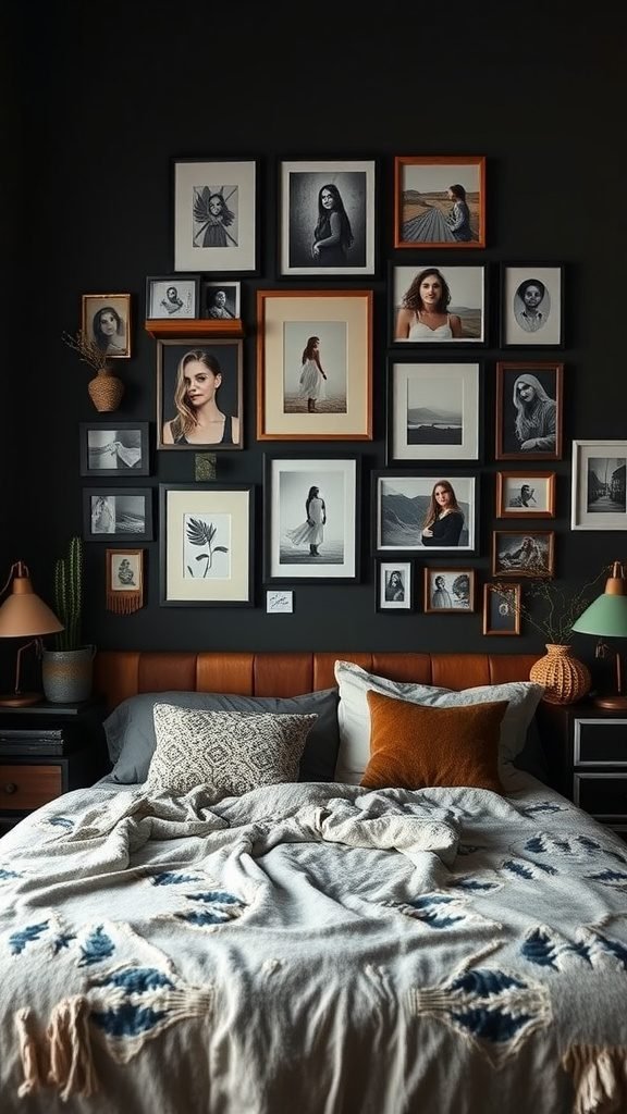 A gallery wall featuring a variety of framed photos in a dark boho bedroom, with a cozy bed in the foreground.