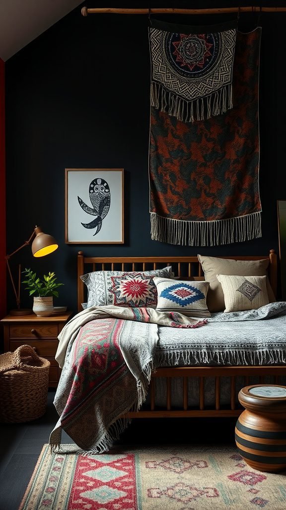 A dark boho bedroom with personalized textile designs, featuring a bed covered in patterned blankets and pillows, along with decorative wall hangings.