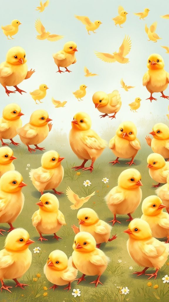 Playful Easter wallpaper featuring cute yellow chicks on a soft gradient background