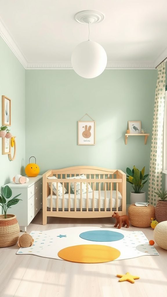 A cozy cottagecore baby room with soft green walls, a wooden crib, playful rug, and cute animal decor.