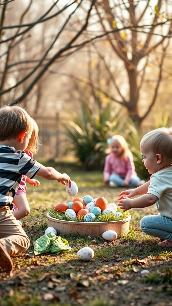 Children joyfully playing with colorful eggs in a garden during Easter