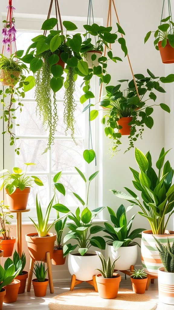 Indoor plants in pots arranged in a bright room