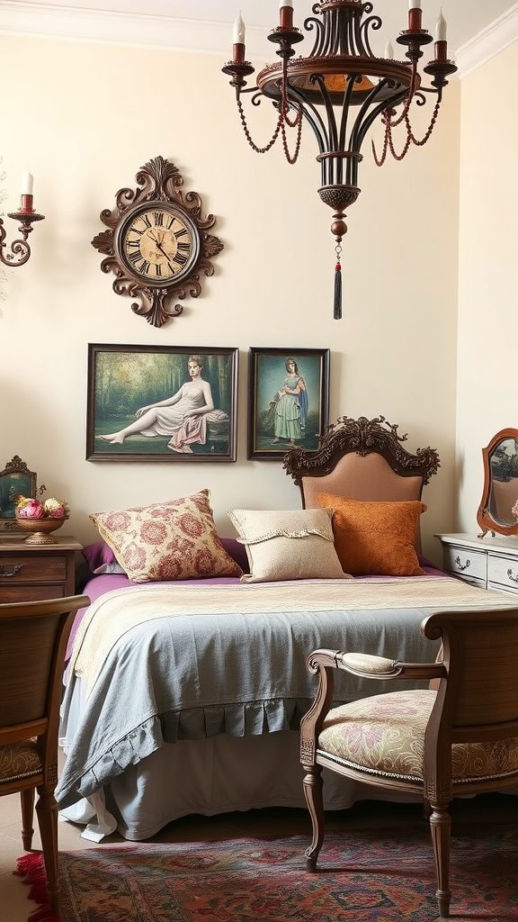 A vintage bedroom with purple accents, featuring a bed with colorful pillows, antique wall art, and an elegant chandelier.