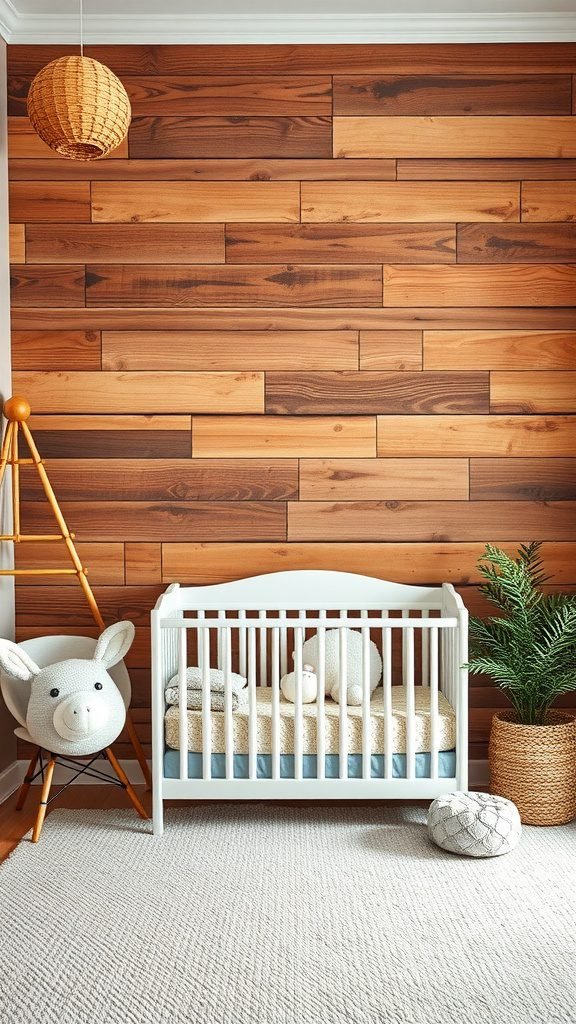 A cozy cottagecore baby room featuring a reclaimed wood wall, a white crib, and plush decor.