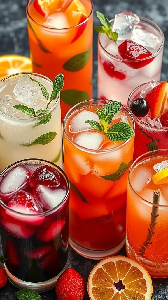 A variety of colorful iced beverages with fruit garnishes and ice.