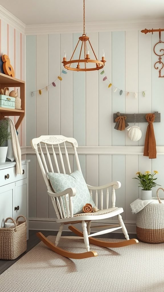 A cozy baby room featuring a white rocking chair with a pastel theme and decorative elements.