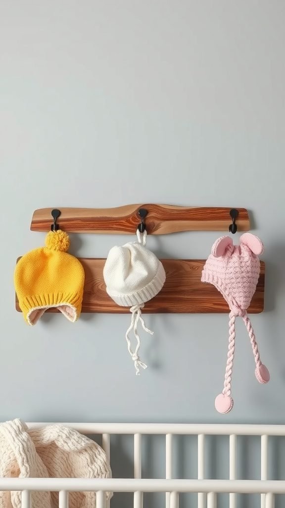 Rustic wall hooks displaying colorful knitted baby hats