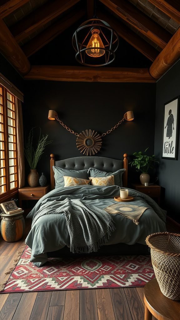A dark boho bedroom featuring rustic wooden accents, a cozy bed, and warm lighting.