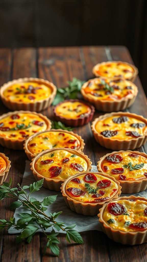 A variety of savory quiches and tarts on a wooden table, garnished with herbs.