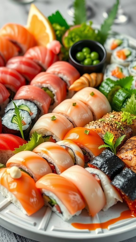 A beautifully arranged sushi platter featuring an assortment of colorful sushi rolls and garnishes.