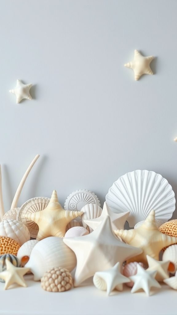 A collection of seashells arranged on a surface with a light gray background.