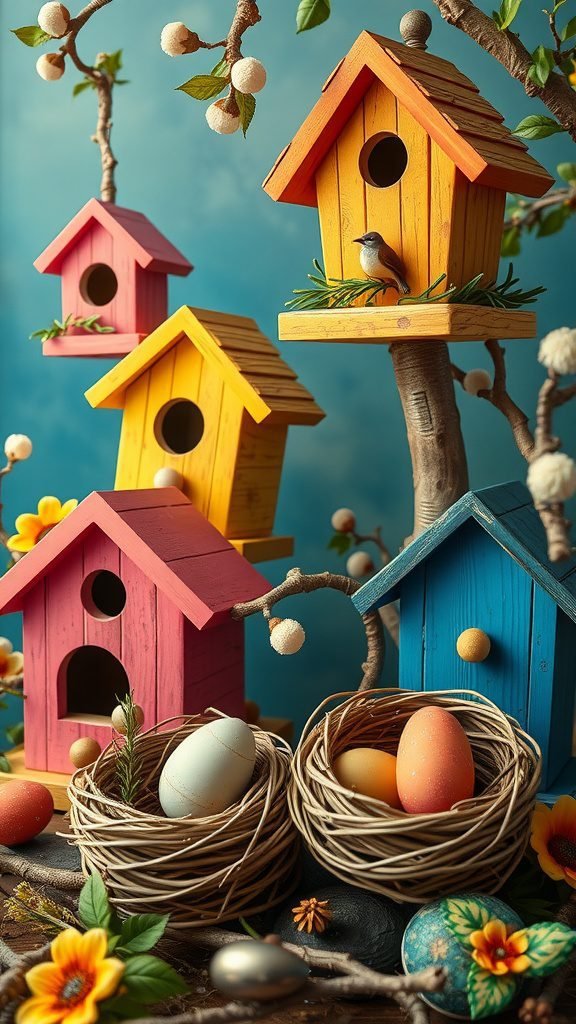 Easter-themed wallpaper featuring colorful birdhouses and nests with pastel eggs.