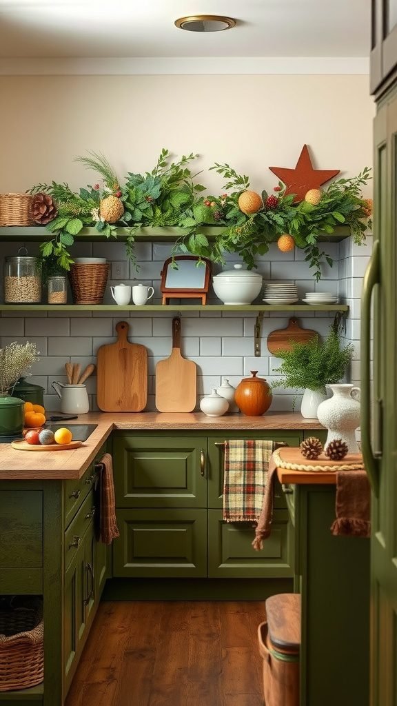 35 Stunning Olive Green Kitchen Ideas for a Stylish Makeover A cozy olive green kitchen with seasonal decor, featuring greenery, wooden accents, and warm lighting.