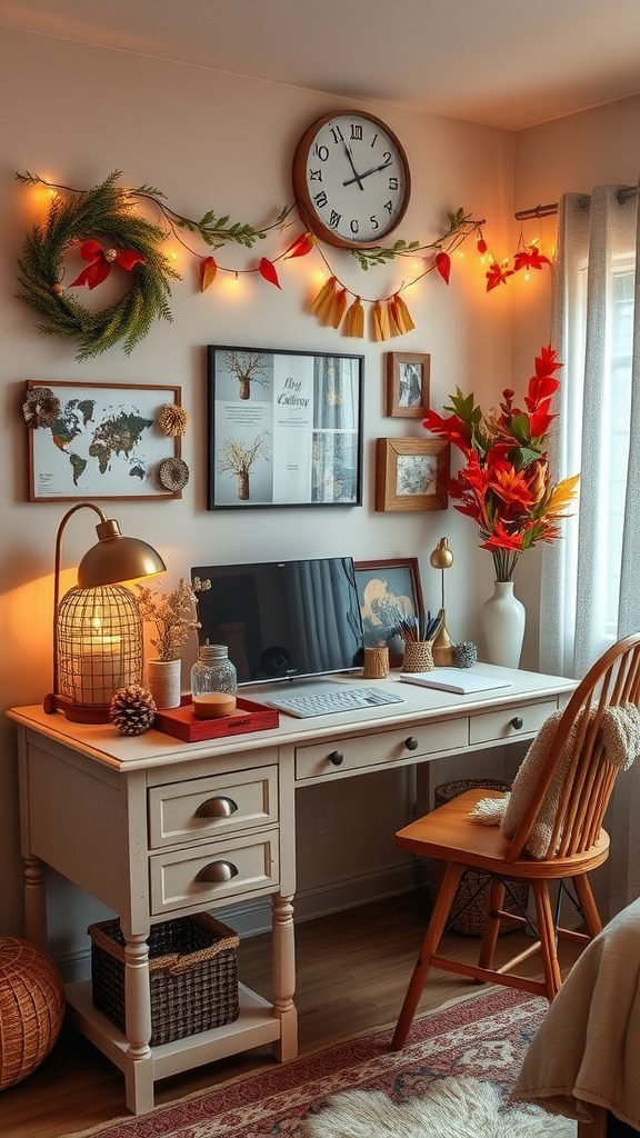 A cozy bedroom workspace decorated for fall with warm lights, a stylish desk, and seasonal decor.