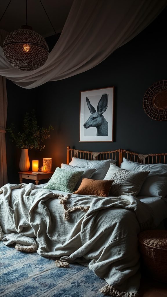 A cozy dark boho bedroom with soft textiles, featuring layered bedding, decorative pillows, and warm lighting.