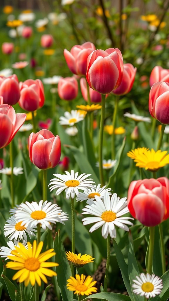 A vibrant display of pink tulips and yellow and white daisies in a garden.