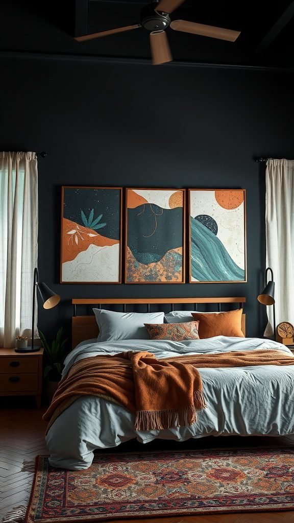A dark boho bedroom featuring three pieces of abstract wall art above a bed, with earthy tones and modern designs