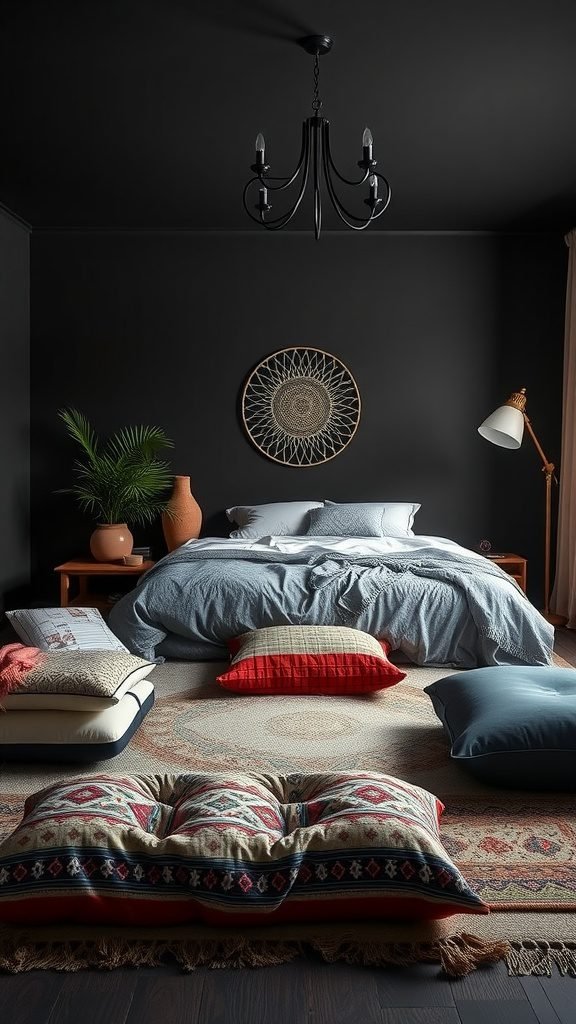 A dark boho bedroom featuring stylish floor cushions in various colors and patterns.