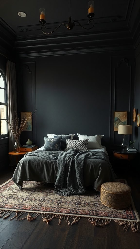 A dark boho bedroom with subtle metallic accents, featuring a cozy bed, intricate rug, and warm lighting.