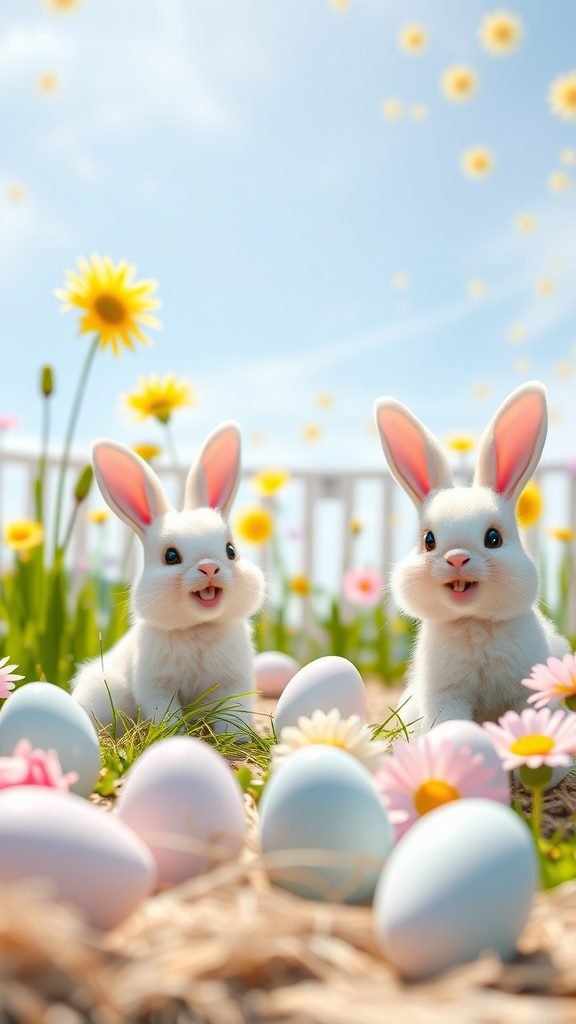 Two cute bunnies sitting among Easter eggs and flowers under a blue sky
