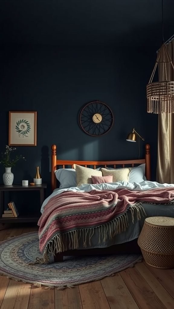 A dark boho bedroom featuring a wooden bed, soft blankets, and natural decor elements.