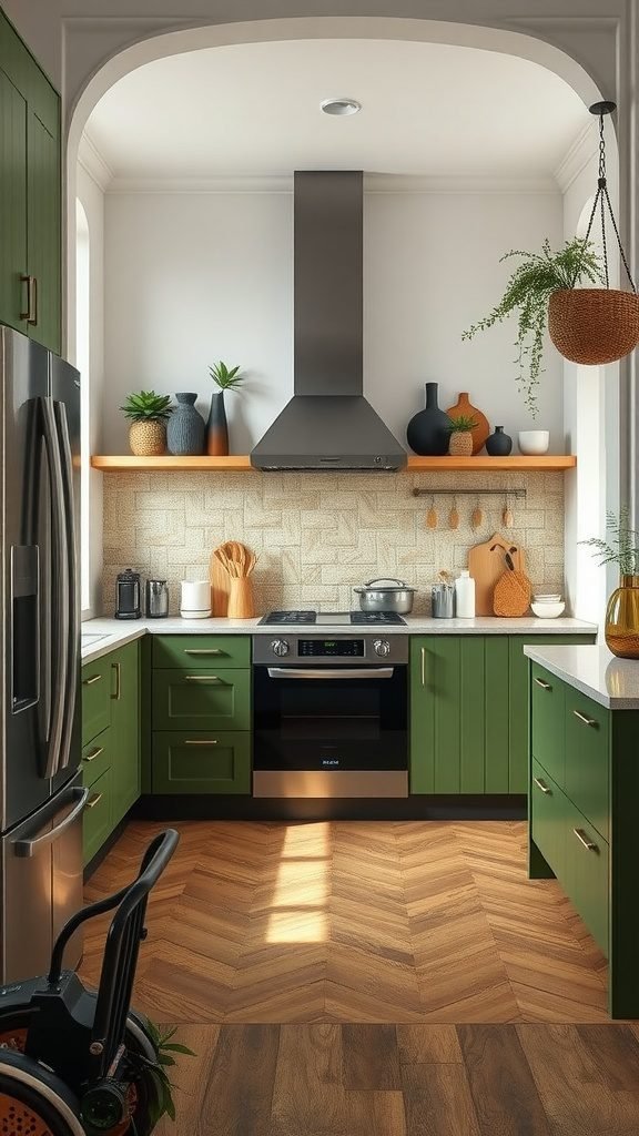 35 Stunning Olive Green Kitchen Ideas for a Stylish Makeover An olive green kitchen featuring modern cabinetry, warm wooden flooring, and natural decor elements.
