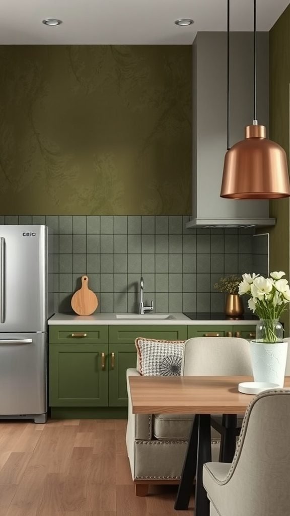 35 Stunning Olive Green Kitchen Ideas for a Stylish Makeover A modern olive green kitchen featuring textured elements with green cabinets, copper pendant lights, and wooden furnishings.