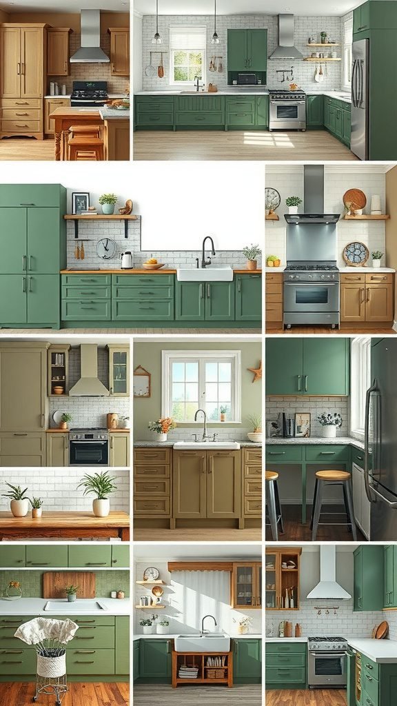 35 Stunning Olive Green Kitchen Ideas for a Stylish Makeover A collage of various olive green kitchens showcasing different styles and designs.