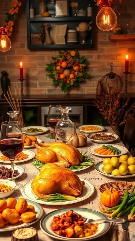 Traditional Thanksgiving feast with roasted turkeys, sides, and festive decorations