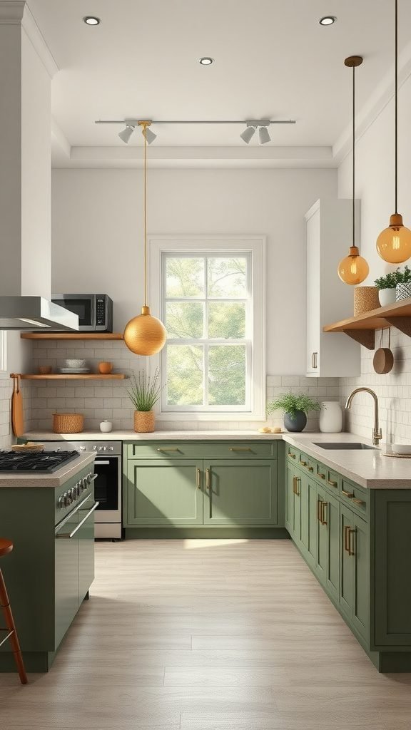 A modern kitchen featuring olive green cabinets, warm wood accents, and stylish light fixtures.