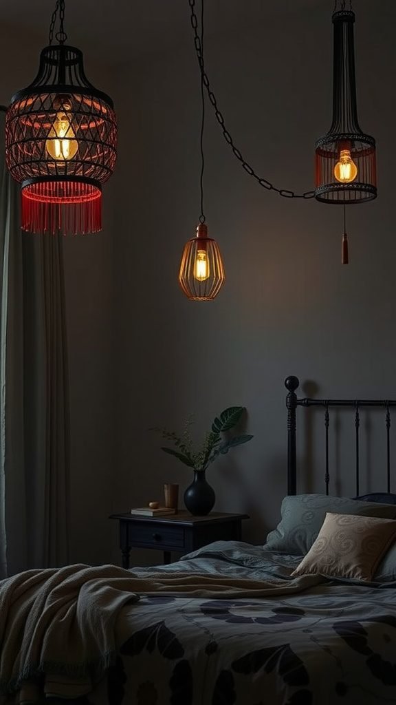 Unique lighting fixtures in a dark boho bedroom