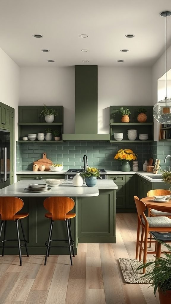 35 Stunning Olive Green Kitchen Ideas for a Stylish Makeover A stylish olive green kitchen with wooden chairs, bright decor, and an open layout.