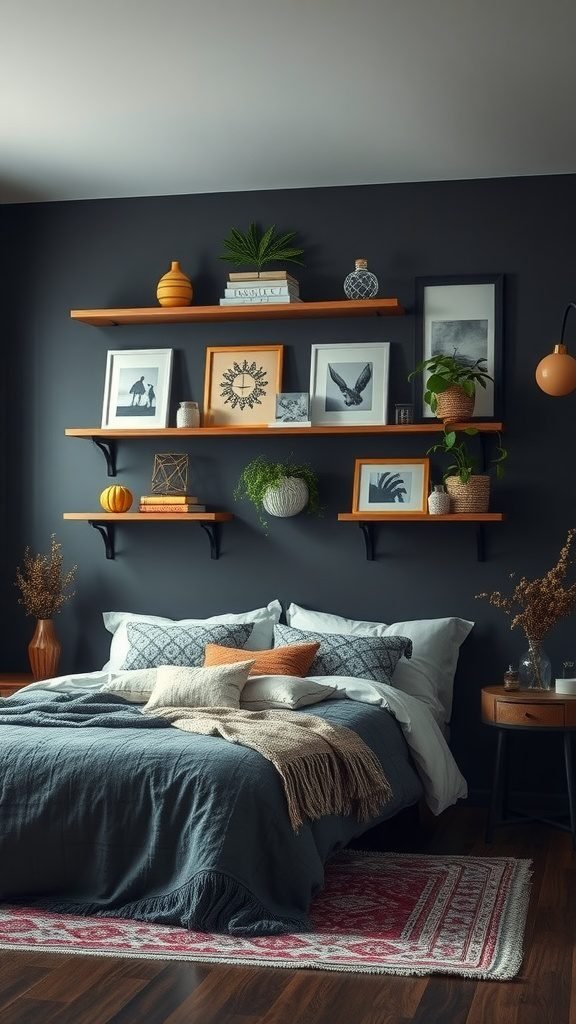 A dark boho bedroom featuring shelves with decor and plants above a bed.