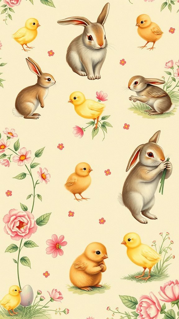 A vintage illustration of a bunny with colorful Easter eggs and chicks in a grassy field