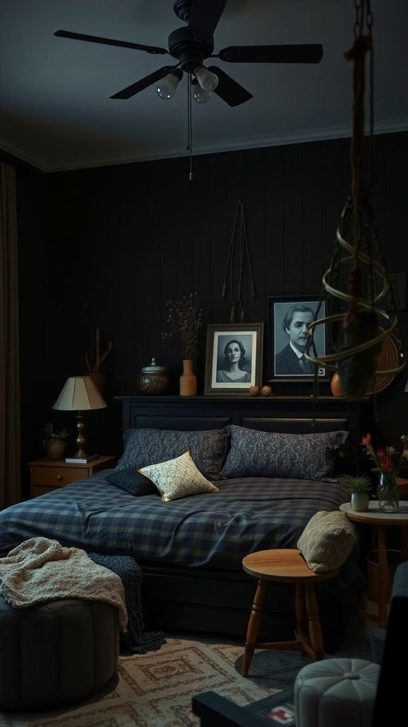 A dark boho bedroom featuring vintage furniture and decor.