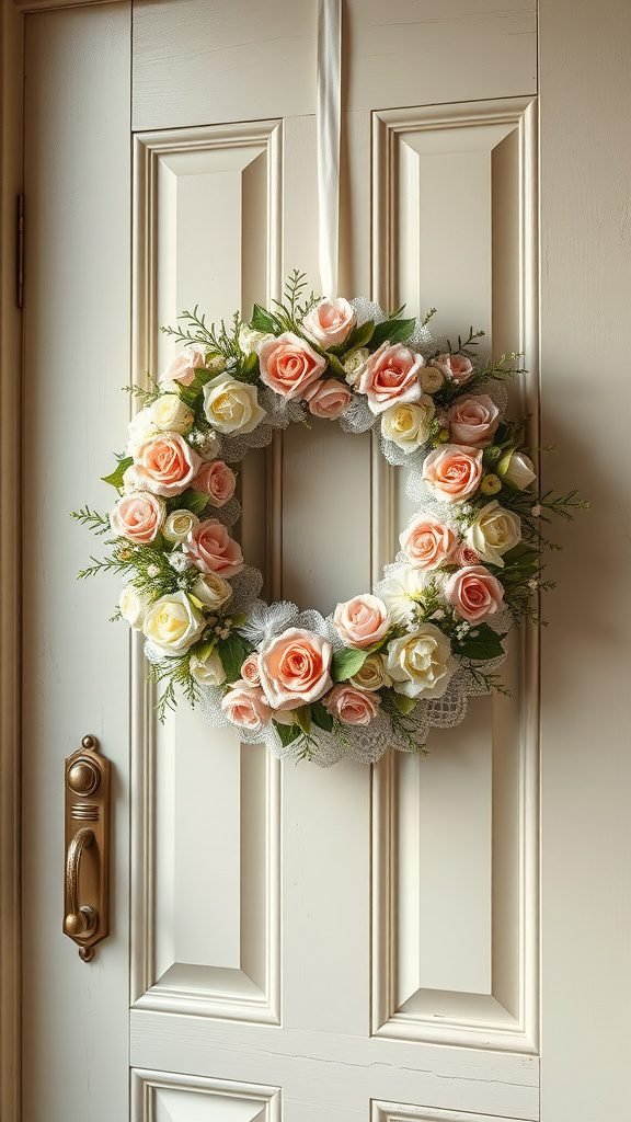 A vintage floral fabric wreath with pink and cream roses, adorned with greenery and lace, hanging on a door.