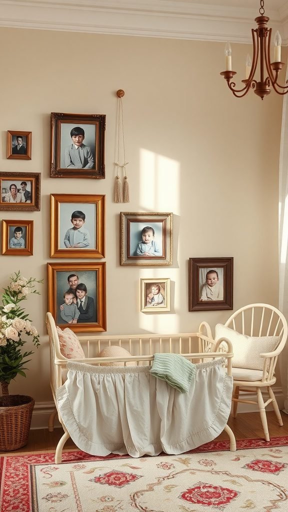 Vintage picture frames hanging on a wall, showing family portraits in a cozy baby room