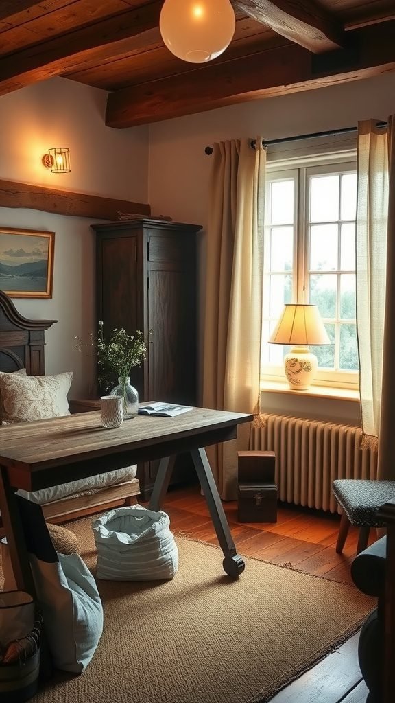 A cozy bedroom featuring a vintage desk and warm lighting. Bedroom Ideas with Desks