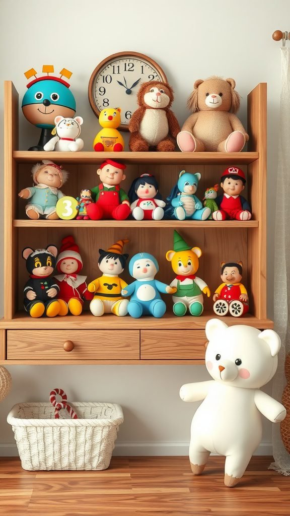 A wooden shelf filled with vintage toys including plush bears, dolls, and colorful figures, creating a nostalgic cottagecore baby room display.