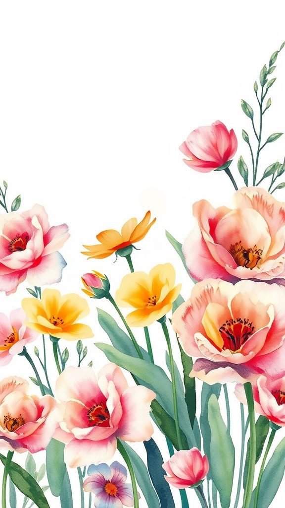 Watercolor floral arrangement featuring pink and yellow flowers with green leaves.