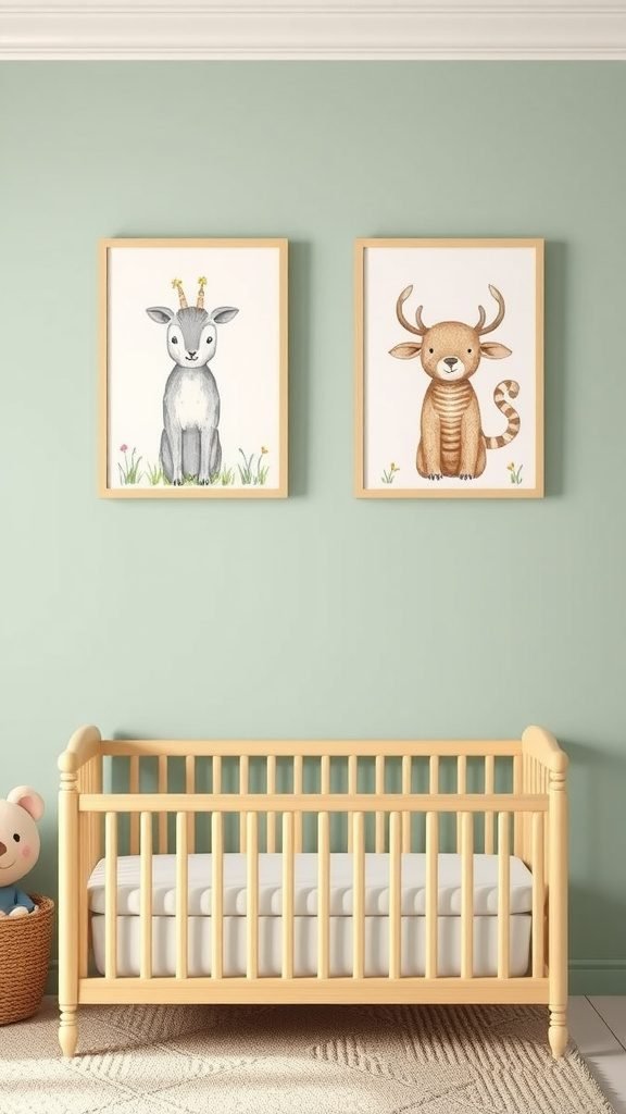 Two whimsical animal prints in a baby room featuring a goat and a deer on a green wall above a light wood crib.