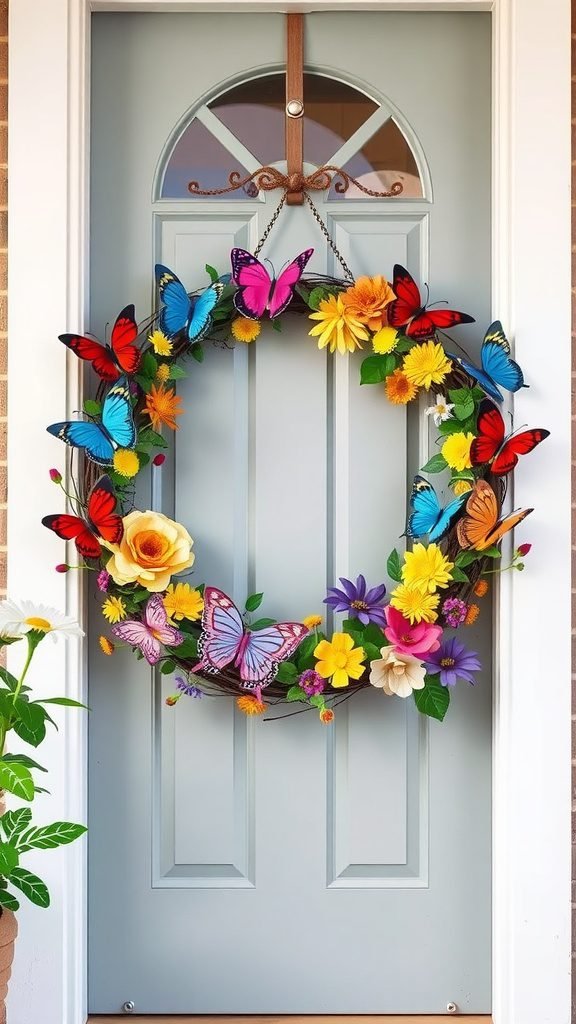 A colorful wreath featuring butterflies and flowers hanging on a front door. Spring Wreaths