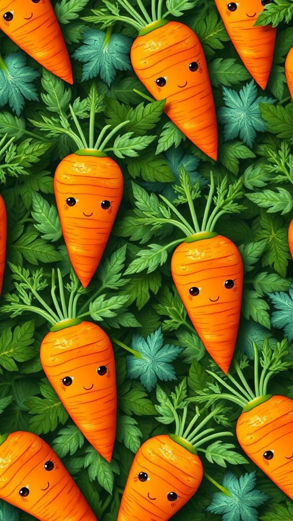 Colorful easter wallpaper featuring cute smiling carrots against a green background