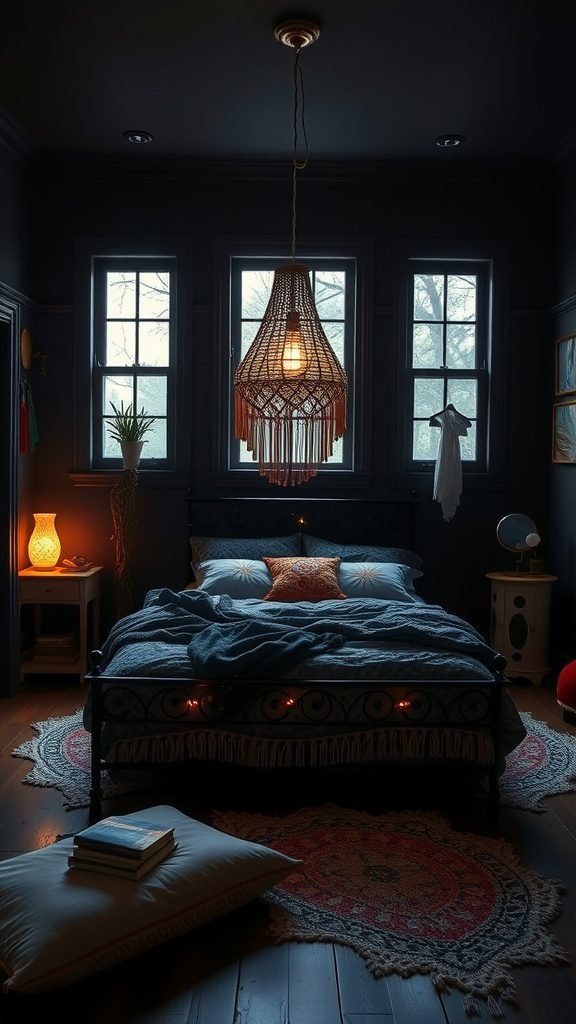 A cozy dark boho bedroom featuring macrame lighting, soft blankets, and patterned rugs.