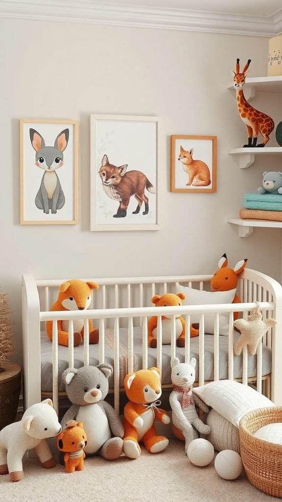 A cozy baby room decorated with woodland creature plush toys and animal illustrations on the wall.