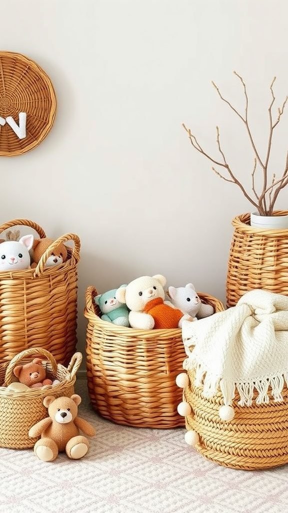 A collection of woven baskets filled with stuffed animals in a cozy baby room