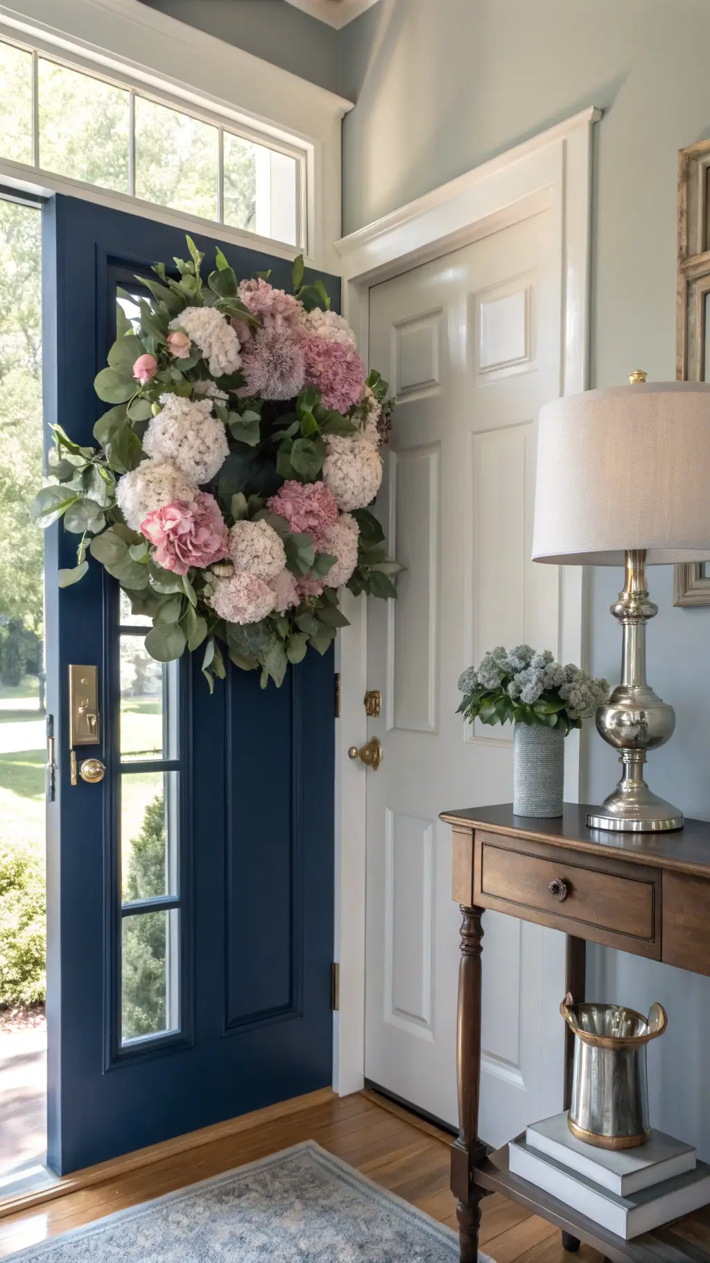 Alt text: Entrance foyer with a glossy navy blue door featuring a 22-inch hydrangea wreath in soft pink and white, accented with silver-sage leaves. Brass hardware, vintage console table, and mercury glass lamp visible. Morning light from sidelights creates shadows. Photorealistic image.